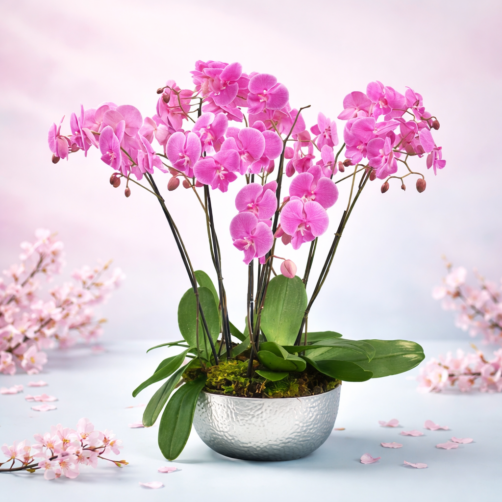 Pink Phalaenopsis Orchid in Hammered Silver Bowl