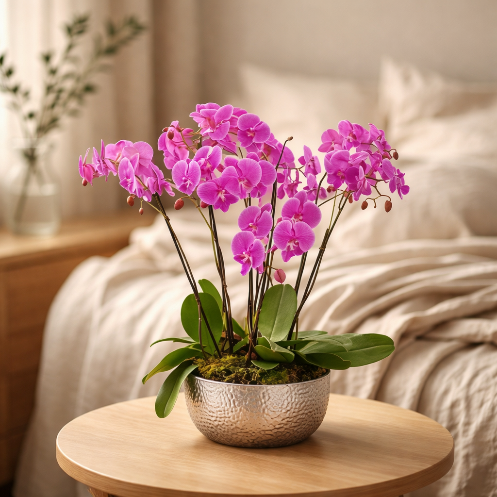 Pink Phalaenopsis Orchid in Hammered Silver Bowl