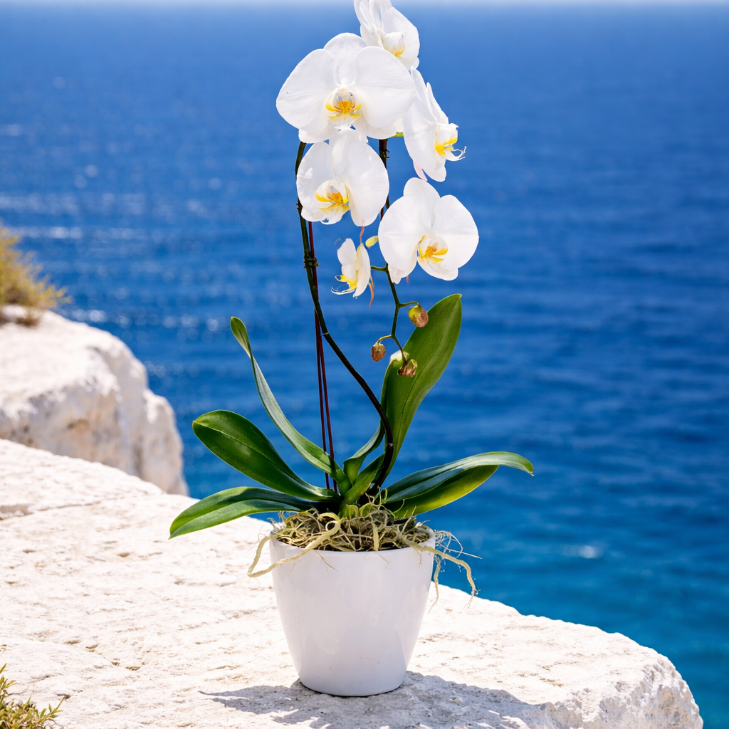 Mother's Day White Phalaenopsis Orchid - Live Orchid Plant Gift in White Ceramic Pot