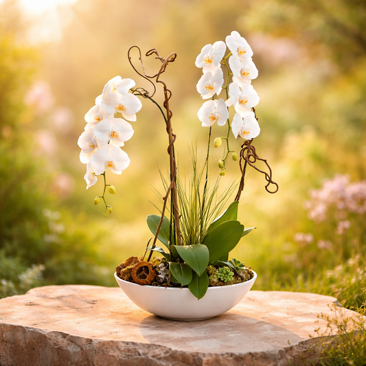 Mother's Day White Orchid Garden Bowl - Artisan Double Phalaenopsis Arrangement with Curly Willow