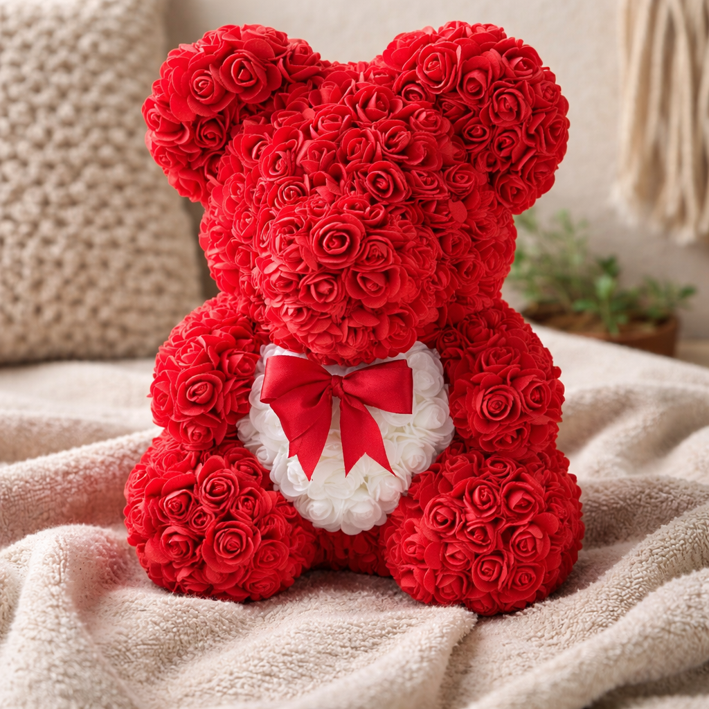 Amour Eternal Rose Bear - Classic Red with White Heart