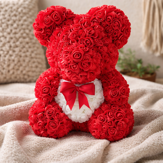 Amour Eternal Rose Bear - Classic Red with White Heart