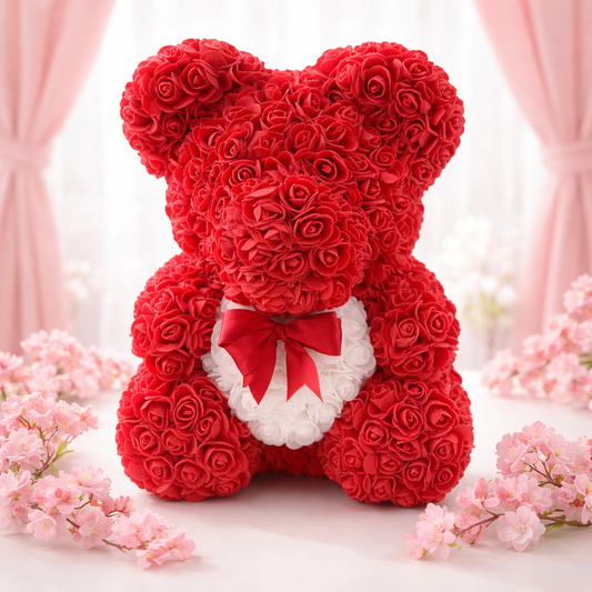Amour Eternal Rose Bear - Classic Red with White Heart