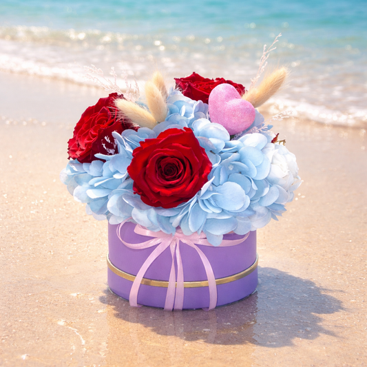 Romantic Red Roses with Blue Hydrangea Gift Box