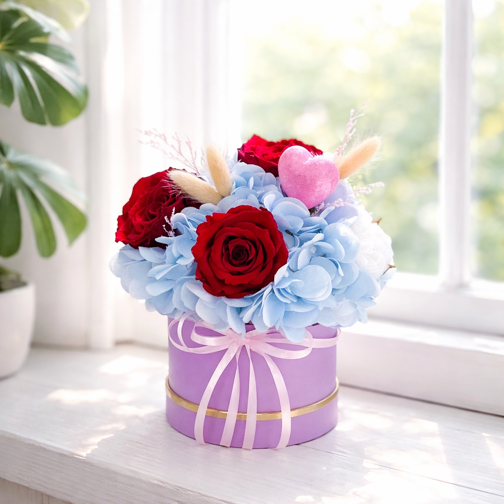 Romantic Red Roses with Blue Hydrangea Gift Box