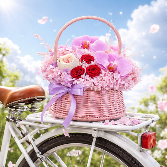 Pink Orchid & Red Roses Romantic Gift Basket